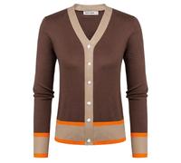 Argyle Cardigan for Women Casual V Neck Button Down Cardigan Color Block Size S-2XL, Contrast Brown, L