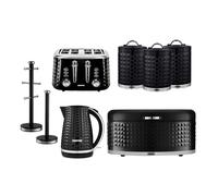 Argyle Electric Kettle, 4 Slice Bread Toaster, Set of 3 Tea Coffee Sugar Canister, Bread Bin, Mug Tree & Towel Pole Set Geepas Black One Size
