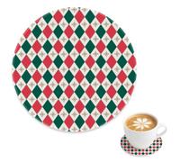 Argyle Geometric Diamond Decor Thickened Mug Coaster 1 Pack, Green Red Argyle Plaid Round Coasters for Table, Desk Coffee Cup Mat Table Accessories, Gift for Dad Husband, 4 Inch