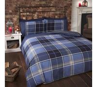 Tartan Check Stripe Reversible Duvet Set Single Double King Navy Blue