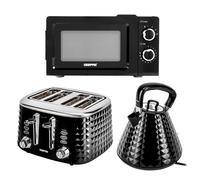 Geepas Electric Kettle 4 Slice Bread Toaster & Microwave Kitchen Set | 3000W 1.5L Traditional Pyramid Kettle | 1750W Toaster with 7 Level Browning Control | 700W Solo Manual Dial Microwave 20L | Black