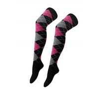 Argyle Over The Knee Socks Ladies Thigh High Diamond Check Pattern Golf Socks 4-6 (Black With Pink & Grey Argyle)