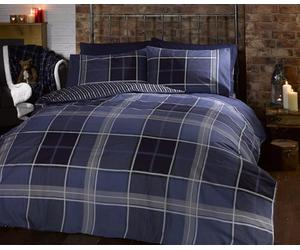 Argyle Single Quilt Duvet Cover and Pillowcase Reversible Bedding Bed Set, Tartan Check - Blue