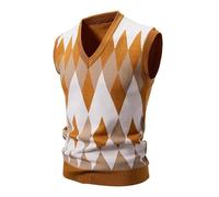 Argyle Sweater Vest Men, V Neck Pullover Tank Top Knitted Sleeveless Jumpers, Thick Warm Knitted Gilets Business Office Knit Waistcoat Slim Fit Sleeveless Sweaters Soft Thermal Knitwear Orange