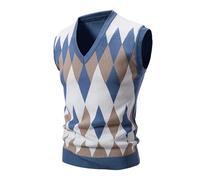 Argyle Sweater Vest Men, V Neck Pullover Tank Top Knitted Sleeveless Jumpers, Thick Warm Knitted Gilets Business Office Knit Waistcoat Slim Fit Sleeveless Sweaters Soft Thermal Knitwear Blue