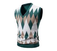 Argyle Sweater Vest Men, V Neck Pullover Tank Top Knitted Sleeveless Jumpers, Thick Warm Knitted Gilets Business Office Knit Waistcoat Slim Fit Sleeveless Sweaters Soft Thermal Knitwear Green
