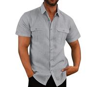 Aria Luxe Stretch Short Sleeve Shirt with Pockets,Men's Summer Cotton Button Down Casual Shirts,Plain Regular Fit Casual Business Shirt(Gray,M)
