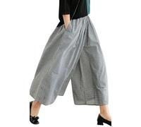 Aria Luxe Women's Cotton Linen Wide Leg Culottes Pants Elastic Waist Plaid Gingham Capri Palazzo Pants(Black Gingham,S)