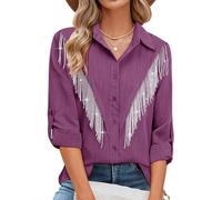 Aria Luxe Womens Rhinestone Fringe Button Down Shirt Rolled 3/4 Sleeve Sparkly Top Concert Nashville Western Cowgirl Outfit(I-light Purple,L)
