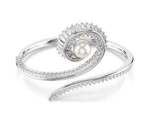 Ariana Grande x Swarovski bangle, Crystal pearl, Baguette cut, White, Rhodium plated