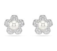 Ariana Grande x Swarovski stud earrings, Crystal pearl, Round cut, Flower, White, Rhodium plated