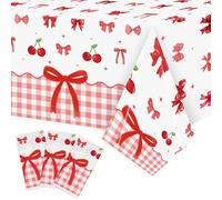 ArianQicult 3Pcs Bow Party Tablecloths - Red Cherry Party Table Covers Decorations Coquette Bow Rectangular Plastic Disposable Table Cloth Decor for Girls Women Kids Birthday Baby Shower Supplies