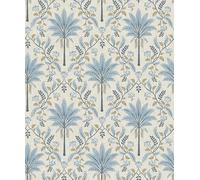 Ariara Palm Trellis Blue Non-Pasted Wallpaper - Tropical Leaf & Trellis Wallcovering, 56 Sq Ft Coverage - Paste-The-Wall Application