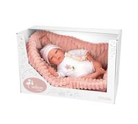 ARIAS - Lola 40 cm Reborn Doll with White Clothes and Pink Hat and Carrycot - Newborn Baby with Vinyl Body, Diaper Accessories, Pacifier and Pacifier, Toy for Children from 3 Years Old (ARI98110)