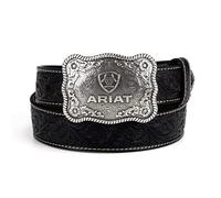ARIAT Floral Embossed Leather Men's Belt - Black Genuine Leather Belt with Antique Silver Embossed Plate Buckle, Black, 40