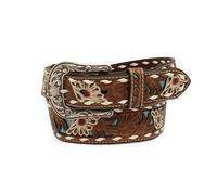 ARIAT Ladies Genuine Leather Belt with White Floral Overlay and Turquoise Shimmer Underlay, Brown, S