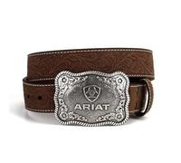 ARIAT Men's Genuine Aged Bark Leather Belt w/Floral Embossed with Antique Silver Logo Buckle, Aged Bark, 34