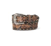 ARIAT Men's Hand-Tooled Floral Pattern Leather Belt with Antique Silver Buckle, Brown, 32