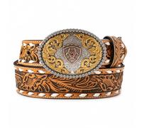 ARIAT Men's Leather Belt with Floral Embossing and Oval Multi Finish Buckle