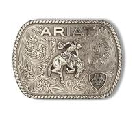 ARIAT Men's Rectangle Buckle with Raised Vintage Saddle Bronc Motif, Floral Engraved, Rope Edge, Antique Silver Finish, 3-1/2" x 2-1/2", Antique Silver, One size