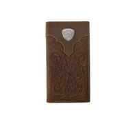 ARIAT Men's Shield Concho Floral Embossed Rodeo Checkbook Wallet, Genuine Leather, 11 Card Slots, 6.75 x 3.75 in, Brown
