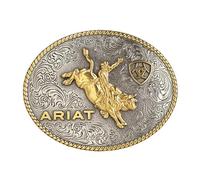 ARIAT Oval Buckle with Bull Rider Motif, Rope Edge, Antique Silver and Gold Finish, 4" x 3"