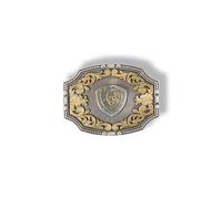 ARIAT Rectangle Buckle with Emblem, Antique Silver Rope Edge and Gold Floral Accents, 3" x 4", Silver/Gold, 3" x 4"