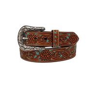 ARIAT Women's Floral Pierced Genuine Leather Belt with Turquoise Underlay, Tan, Medium