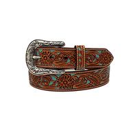 ARIAT Women's Floral Pierced Genuine Leather Belt with Turquoise Underlay, Tan, Medium