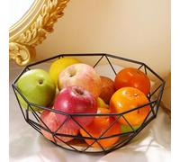 ARIATI 1 x Black Geometric Metal Wire Fruit Bowl with Wooden Base - Decorative Storage and Display Basket