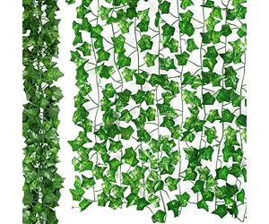 ARIATI 7-Pack, Fake Ivy, 49-Feet, Realistic Silk Ivy Leaves with Plastic Stems, Green Strands