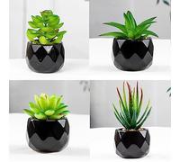 ARIATI Set of 4 Artificial Plants In Pots Indoor Outdoor Mini black Ceramic Potted, Green Succulents Decor for Bedroom Aesthetic, Faux Desk Plant for Bathroom,Living Room, Office Decoration