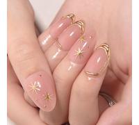 Aribliseza Almond Press On Nails 32 Pieces, French Tip & 3D Gold Line Star Design, Shiny Full Cover Acrylic Fake Nails with Adhesive, Reusable Stick on Nails for Women, Autumn Nail Art Gift