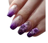 Aribliseza Lilac Nails, 24 Piece Press-On Nails, Fake Nails, Stick-On French Nails, Long Square Artificial Nails with Flowers for Spring Summer