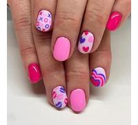 Aribliseza Nail Stickers, 24 Pieces, Pink Nail Tips, Short Artificial Nails in Y2K Style, Pink and Blue Heart Letters