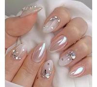 Aribliseza Nail Stickers, 24 Pieces, White Nails with Rhinestone Accents, Short Artificial Nails in Y2K Style, Rhinestones and Chrome Decorations, Extremely Delicate & Elegant, New Nail Trend for