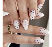 Aribliseza Press On Nails, 24 Pieces Adhesive Nails & Almond Fake Nails, White False Nails with Black Dot Design, Full Cover Glossy Acrylic Nails for Women