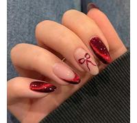Aribliseza Press On Nails, 24 Pieces, Artificial Nails with Sparkling Red Cat Eye Design, Red Glitter Valentine's Bow Motif, Glossy Long Almond Shape, Soft and Sexy Style, Nail Design Trends 2026