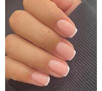 Aribliseza Press On Nails, 24 Pieces, Extra Short French Tips Squoval Fake Nails, Reusable Nail Kit with Adhesive and Mini Nail File, 12 Sizes, White Press On Nails