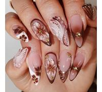 Aribliseza Press on Nails, 24 Pieces, Medium Almond Fake Nails, Flower Acrylic Nail Tips Set, Brown Glitter French with Pearls and 3D Texture, for Women