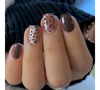 Aribliseza Press On Nails, 24 Pieces, Square Press On Nails Brown, Leopard Fake Nails with Glitter Design, Full Cover Glossy Fall Stick-On Nails for Women