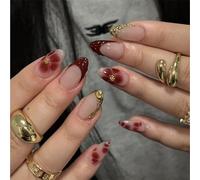 Aribliseza Press On Nails, 24 Pieces Stick On Nails & French Tip Press On Nails, Dark Red Almond Fake Nails with Flower, Glossy Gold Line & Acrylic Nails for Women