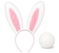 Aribliseza Rabbit Ears Headband with Attachable Tail, Plush, White | Bunny Ear Headband Costume Accessory, White Plush With Pink Inner Ear, Approx. 27x35 Cm, 8 Cm Clip-On Tail, Party Photo