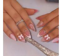 Aribliseza Stick-On Nails, 24 Pieces French Tip Press-On Nails & Medium Pink Fake Nails, 3D Bow Diamond Glitter Design, Shiny Reusable False Nails for Women