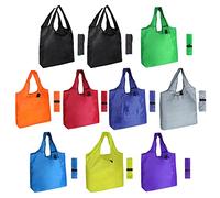 Aricsen 10 Pack Durable Colorful Folding Reusable Grocery Bags Handles Bulk Strong, Recycle Shopping Foldable Lightweight Kitchen Large Washable Pocket Nylon, Polyester Color Cloth Fabric