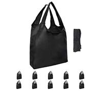 Aricsen 10 Pack Durable Folding Large Kitchen Reusable Shopping Bags with Handles Bulk, Recycle Foldable Grocery Heavy Duty Washable into Pocket Lightweight Portable Nylon Tote, Polyester Cloth, Black
