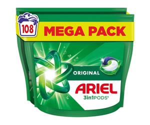 Ariel All-in-1 PODS?, Washing Liquid Laundry Detergent Capsules 108 Washes (54x2), Original, Outstanding Stain Removal In 1 Wash, Brrrilliant In Cold