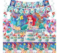 Ariel Birthday Party Supplies, Party Decorations Set Include Banner, Backdrop, Tablecloth, Balloons, Hanging Swirls, Cake Cupcake Toppers for Girls Little Mermaid Party Decorations