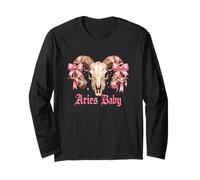 Aries Baby Coquette Zodiac Ram Skull Pink Ribbon Astrology Long Sleeve T-Shirt