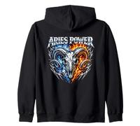 Aries Power Zodiac Ram Skull Blue Fire Biker Heavy Metal Zip Hoodie